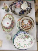 An Assortment of 18th century Worcester and Chelsea porcelain tableware and a Derby figure, damaged