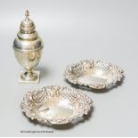 A George VI silver sugar caster, London, 1937, 18cm, together with a modern pair of pierced silver