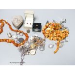 Mixed jewellery etc. including amber necklaces, silver trinket box and other items.