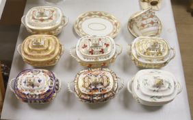 Seven 19th century Derby sucriers and covers and three Derby cups and saucers, 1800-1825