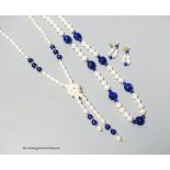 A modern freshwater pearl and lapis lazuli drop necklace with 14k clasp, 64cm, a pair of matching