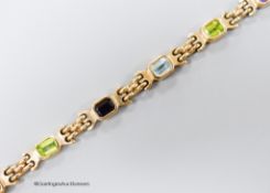 A modern 9ct gold and multi gem set bracelet, 18.4cm, gross weight 15.5 grams.
