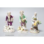 A Meissen porcelain group of a boy and ducks together with two Continental porcelain figures,