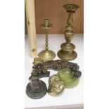 An Art Deco bronze 'pelican' and green onyx pin tray and various bronze and brass plaques,