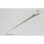 A late George II silver meat skewer, with shell terminal, Samuel Courthauld, London, 1759, 32.7cm,