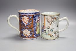 Two large 18th century Chinese famille rose export mugs, height 13.5cm