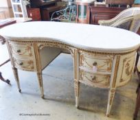A Louis XVI style parcel giltwood and painted kidney shaped dressing table with marble top, width