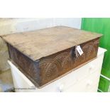 An 18th century carved oak bible box, W.72cm D.52cm H.22cm