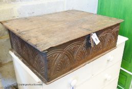 An 18th century carved oak bible box, W.72cm D.52cm H.22cm