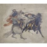 19th century, oil on millboard, Mounted figures duelling, 15 x 19cm.