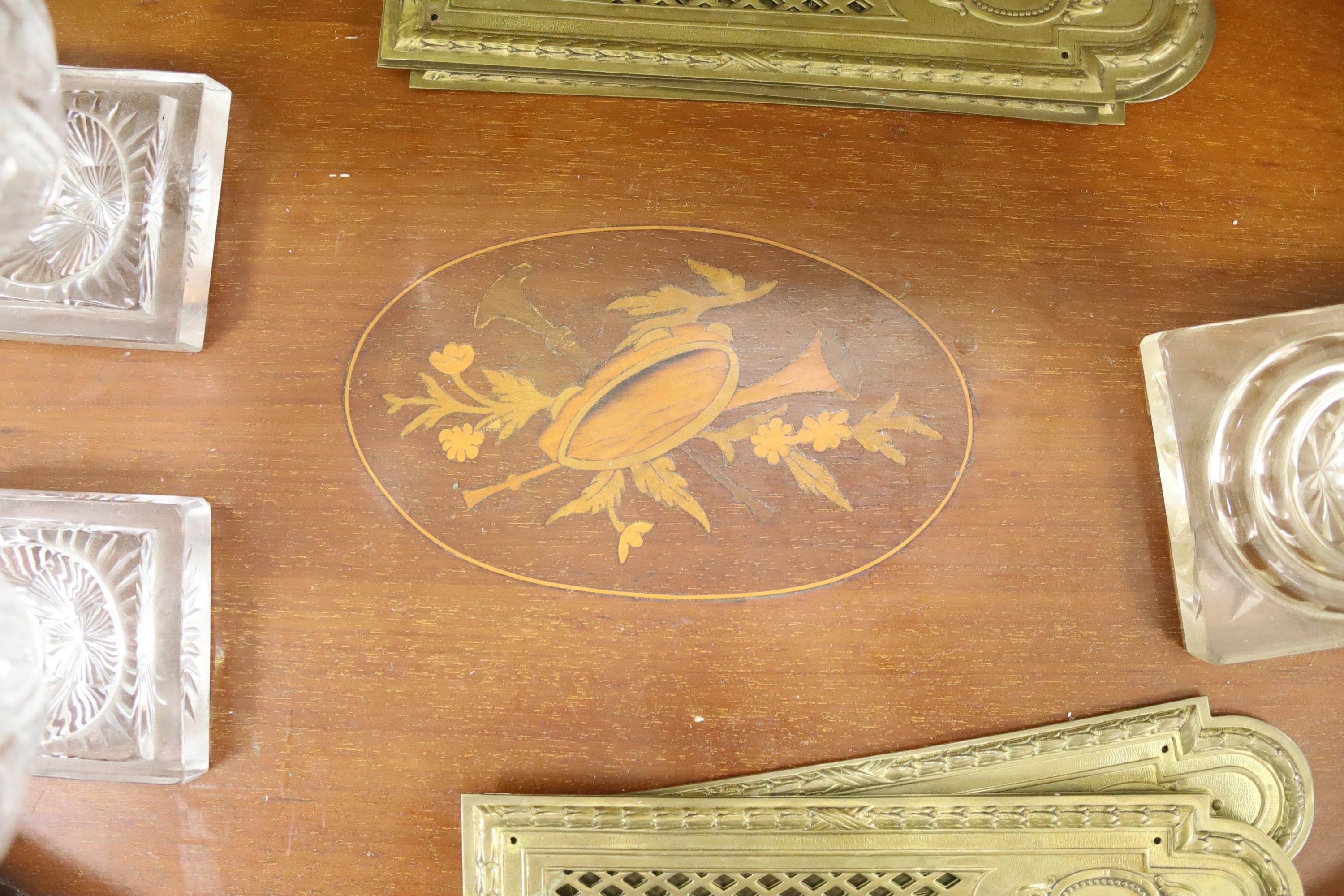 A Victorian walnut stationary cabinet, an Edwardian inlaid oval tray and a group 7 brass - Image 3 of 6