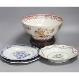 A Chinese export armorial soup plate, a large 18th century Chinese export porcelain footed punch