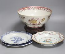 A Chinese export armorial soup plate, a large 18th century Chinese export porcelain footed punch