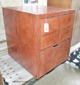 Stitched Tan leather two draw filing cabinet. W-54, D-60, H-62cm.