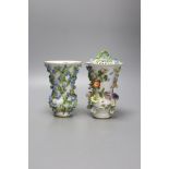 Two similar 19th century Meissen pot pourri vases and one cover, tallest 20cm