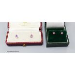 A modern pair of 18ct white gold, pink sapphire and diamond cluster set pear shaped ear studs, 8mm