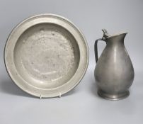 A pewter bowl with touchmark for Robert Baldwin, Wigan (circa 1690-1726) and a French pewter flagon