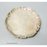 An early 18th century later engraved silver salver, marks rubbed, 23.7cm, 17oz.