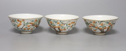 A set of three Chinese 'peach' tree bowls, diameter 9.5cm