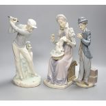 Three Lladro figures: a golfer, Charlie Chaplin and a lady sewing, tallest 28cm