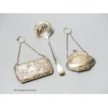 A George III silver sifter spoon, London, 1780?, 16cm and two George V silver mounted purses.
