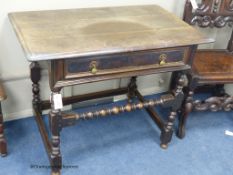 A Charles II rectangular oak side table on bobbin-turned legs and stretchers, width 95cm, depth