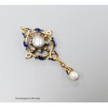 A 19th century continental yellow metal enamel, split and baroque pearl and rose cut diamond set