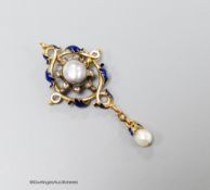 A 19th century continental yellow metal enamel, split and baroque pearl and rose cut diamond set