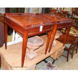 A pair of reproduction George III style mahogany fret cut square lamp tables, 56cm, height 65cm
