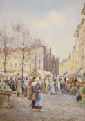 Henry Stann, watercolour, French market scene, signed, 46 x 31cm.