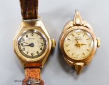 Two lady's 9ct gold cased manual wind wrist watches, including Marvin, one with no strap, gross 18.