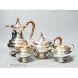 A George V silver four piece tea set, Jay, Richard Attenborough Co Ltd, London, 1912, gross 76oz.