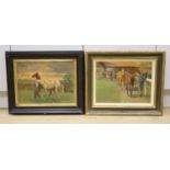 Charles Church (1970-), 'Race horses in a parade ring' and 'Race horses being led', two oils on
