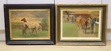 Charles Church (1970-), 'Race horses in a parade ring' and 'Race horses being led', two oils on