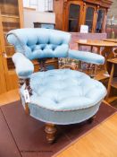 A Victorian walnut buttoned tub framed elbow chair, width 66cm, depth 62cm, height 68cm