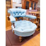 A Victorian walnut buttoned tub framed elbow chair, width 66cm, depth 62cm, height 68cm
