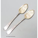 A pair of George III silver Old English pattern 'berry' spoons, Smith & Fearn, London, 1790, 22cm,