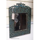 An early 20th century Kashmir turquoise inlaid wall mirror, width 33cm, height 45cm