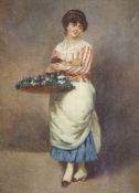 Mazzoli, oil on canvas, Female flower seller, signed, 20 x 15cm.