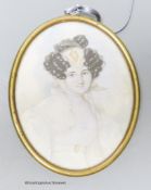 A 19th century portrait miniature, study of a young woman, her hair in ringlets, wearing a lace