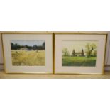 Paul Evans (1950-), gouache, 'Summer Meadow near Steyning' and 'Twin Oast House', signed, a pair,