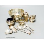 A small collection of English silver and plate to include a footed bowl, mustard pot and salt,