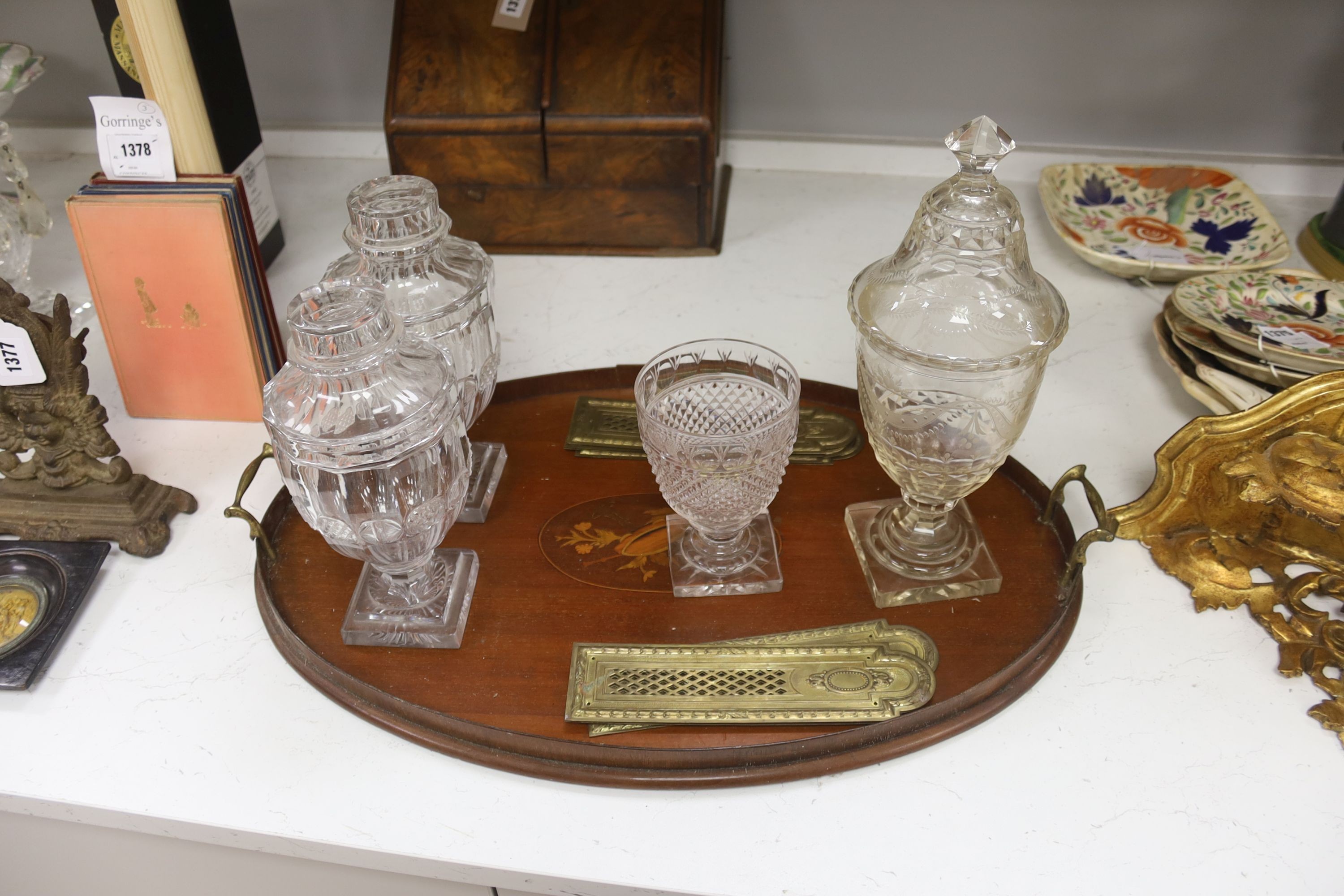 A Victorian walnut stationary cabinet, an Edwardian inlaid oval tray and a group 7 brass - Image 2 of 6