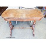 A Victorian inlaid figured walnut serpentine folding top card table, width 97cm, depth 52cm, height