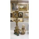 A giltwood altar candlestick as a lamp, height 71cm (excl. light fitting) and a plaster bust of