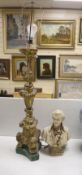 A giltwood altar candlestick as a lamp, height 71cm (excl. light fitting) and a plaster bust of