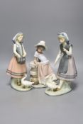 A Lladro figure of a girl feeding a duck, another sitting on a wall, and a girl with two ducks,