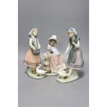 A Lladro figure of a girl feeding a duck, another sitting on a wall, and a girl with two ducks,