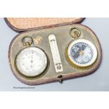 An Edwardian leather cased pocket barometer, thermometer and compass