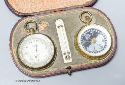 An Edwardian leather cased pocket barometer, thermometer and compass